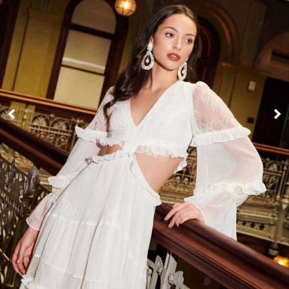 PatBo White Cutout Lace-Trim Linen V-Neck Maxi Dress – Women’s Designer Dress - Picture 11 of 16